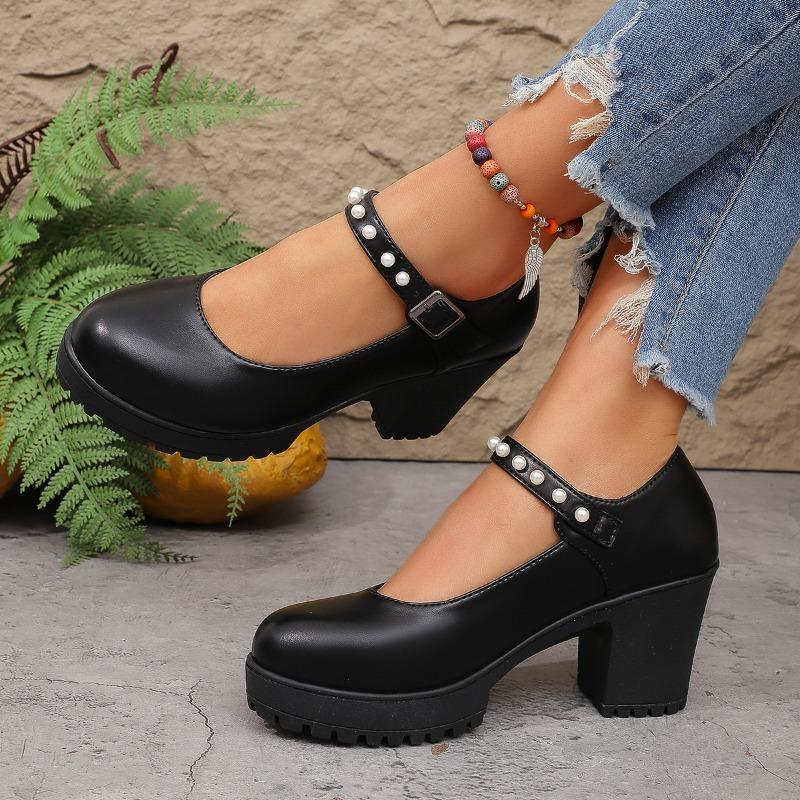 Fashion 2025 Hot selling high-quality Fashion Block High Heels Shoes Women Spring 2025 Shallow Ankle Buckle Platform Pumps