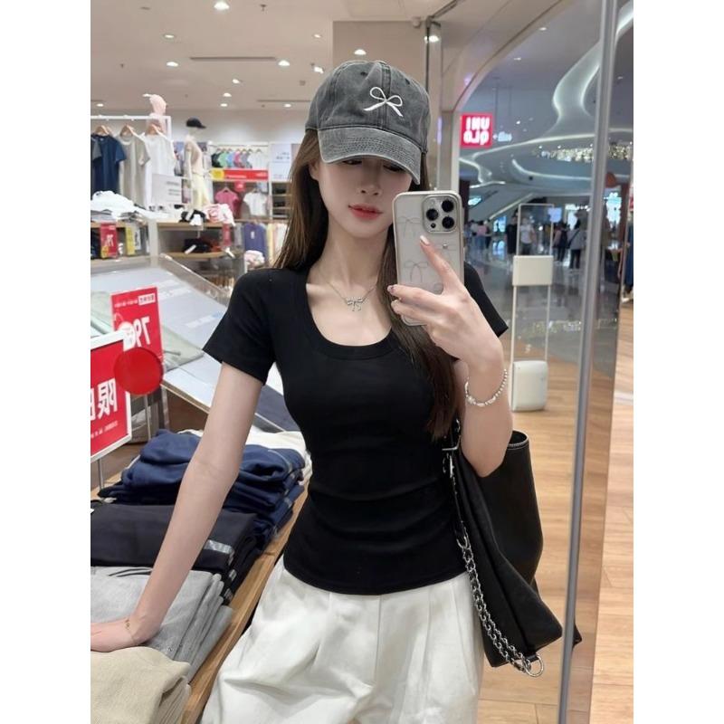 Damen Slim Fit Kurzarm T-Shirt Lässig U-Ausschnitt Einfarbig Basic Oberteil Weich Dehnbar Tägliches T-Shirt
