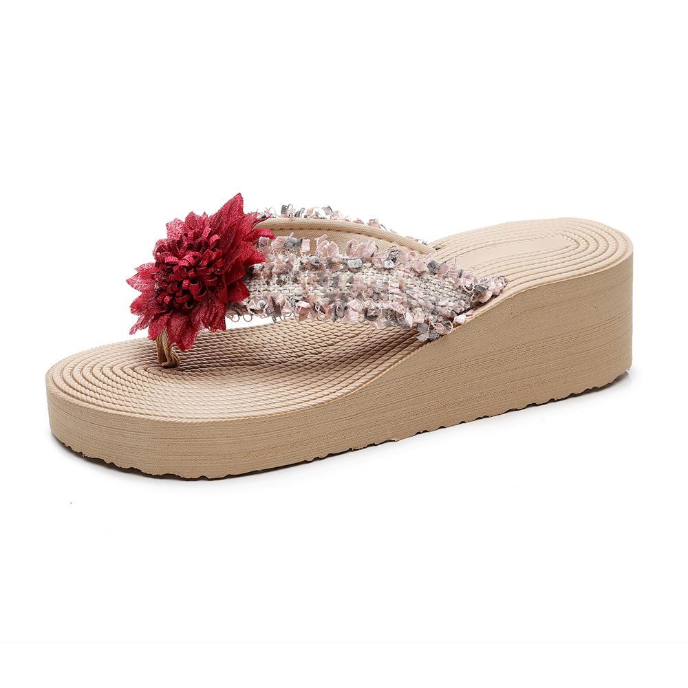Bohemian Small Fragrant Style Imitation Grass Rope Woven Applique Flip-flops Xia Liang Slippers Women Wear Wedge Heels High Heels Beach Shoes