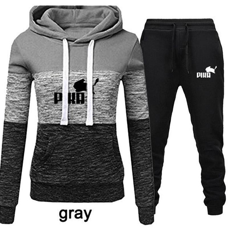 Women Fashion 2Pcs Tracksuits Color Patchwork Tracksuit Female Long Sleeve Hoodie Sweatshirt Jogging Pants Sport Hoodies Set