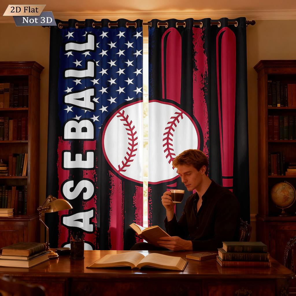 2pcs Baseball Print Perforated Blackout Curtains Multiple Sizes Living Room and Bedroom Insulation Decoration Easy Installation