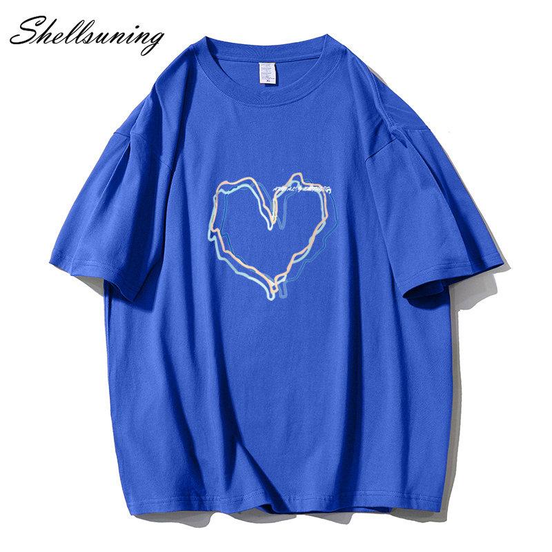 Shellsuning Loose O Neck Cotton Printed Shirts Women Summer Kawaii Heart Graphic Tees Female Casual Short Sleeve Base Black Tops