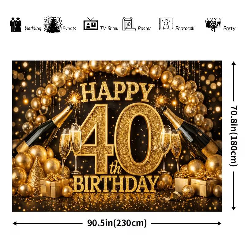 Fondo 2D para Fiesta de 40 Cumpleaños, Tema Negro y Dorado con Botellas de Champán para Decoración de Fiesta