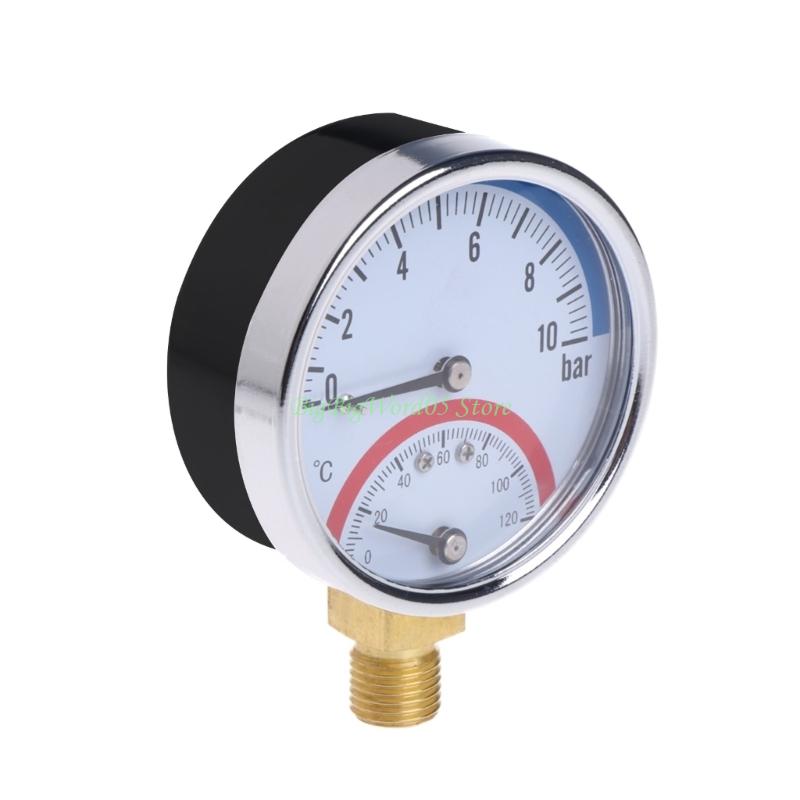 24TE Pressure Gauge with Metal for Shell 0-10 Bar Thermometer Temperature Tester Meter 0-120℃ Suitable for Industrial Durable