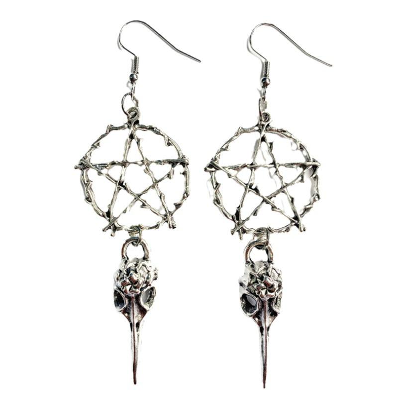 Gothic Skull Crow Pentagram Earrings - Dark Halloween Jewelry