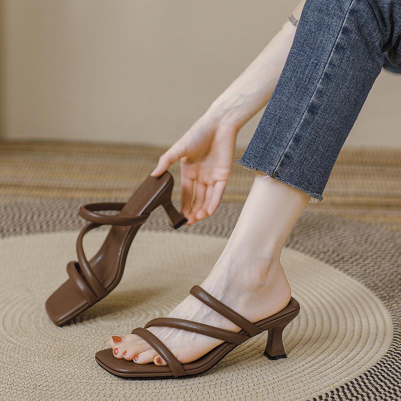 Slippers Women's Outer Wear Fashion 2025 New Summer Square Head High Heels Women's Thin Heels Fairy Wind One-word Cool Slippers