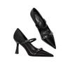 2025 Black Temperament One-word with Stiletto High Heels Women's Niche Design Metal Buckle Pointed Head Shallow Mouth Single Shoes Women