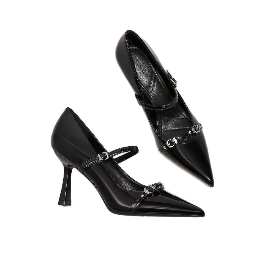 2025 Black Temperament One-word with Stiletto High Heels Women's Niche Design Metal Buckle Pointed Head Shallow Mouth Single Shoes Women