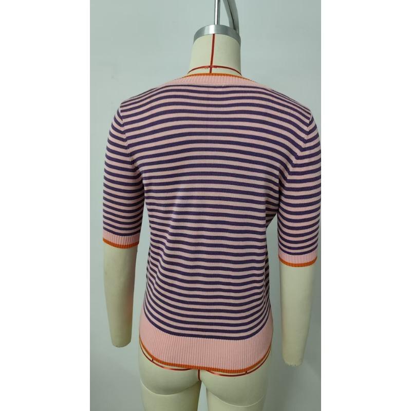 Zomer Dames Gestreept Gebreid Kortmouwig T-shirt IJszijde Kleurcontrast College Stijl Top