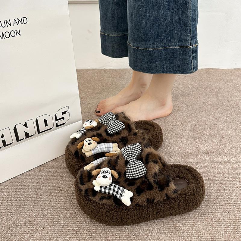 Cute Cartoon Puppy Hair Slippers Women Wear 2025 Autumn and Winter New Girl Heart Versatile Word Slippers Women