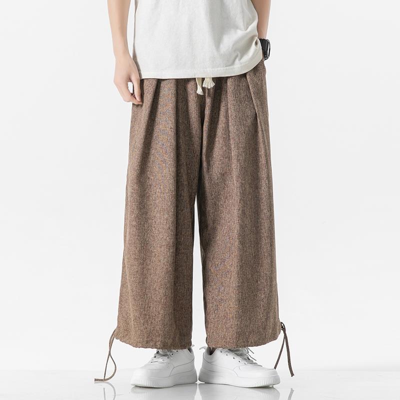Men's summer light and large size cotton and linen straight wide-leg pants men's trend nine-point casual pants
