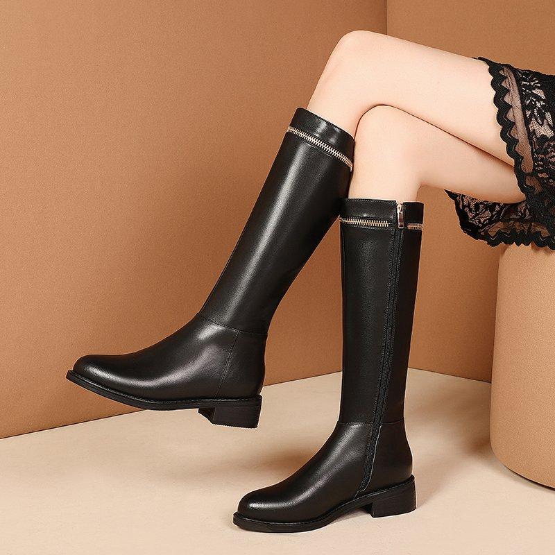 Krazing Pot Cow Leather Autumn Winter Shoes Thick Med Heels Big Size 45 Size 44 Zipper Decoration Women Keep Warm Knee Boots