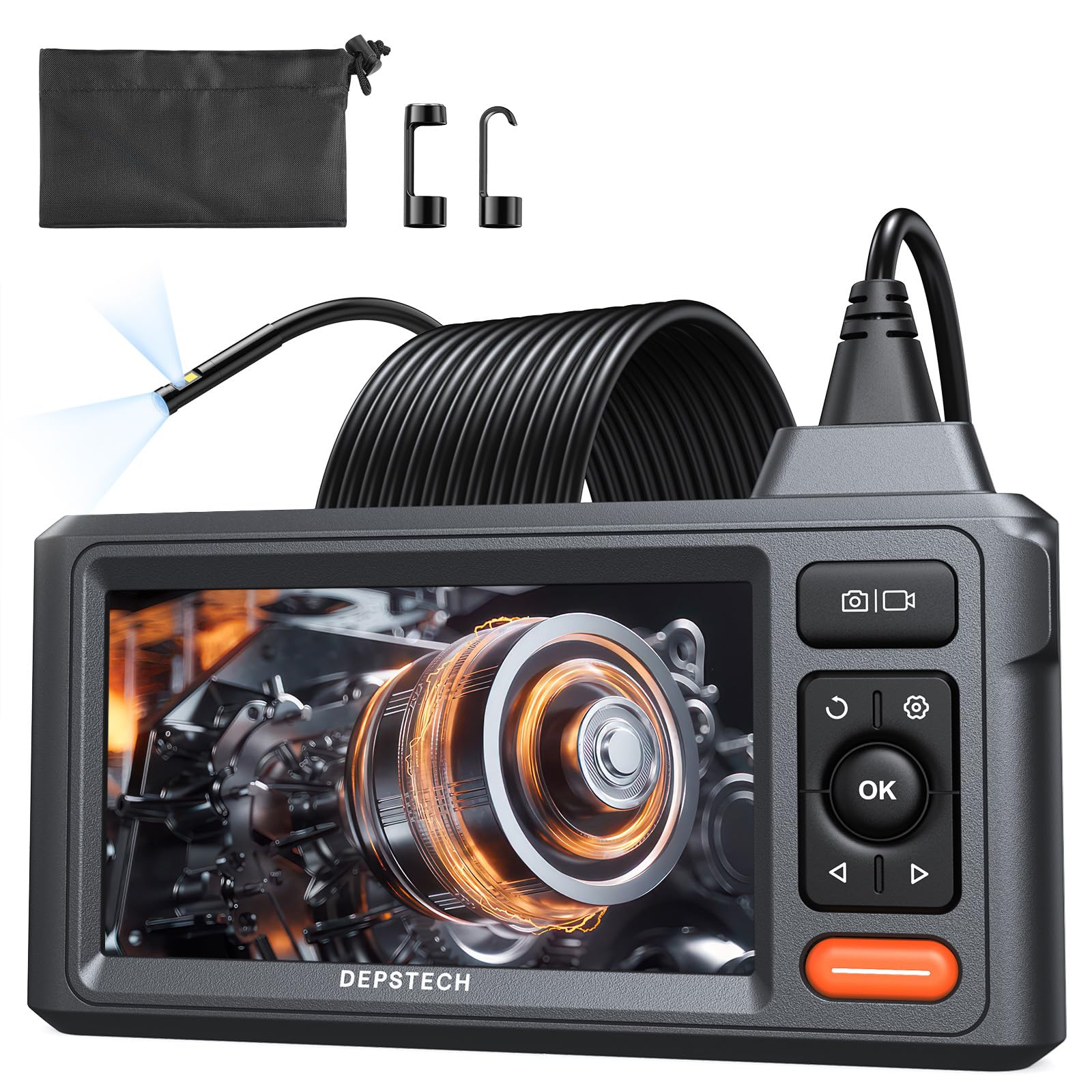 

DEPSTECH Dual IPS 1080P Endoscope Slim IP67 LED Drawstring Bag Perfect for Home Car Plumbing and with a 5M Cable Fiberscope, Lens, 5-inch Monitor, чёрный