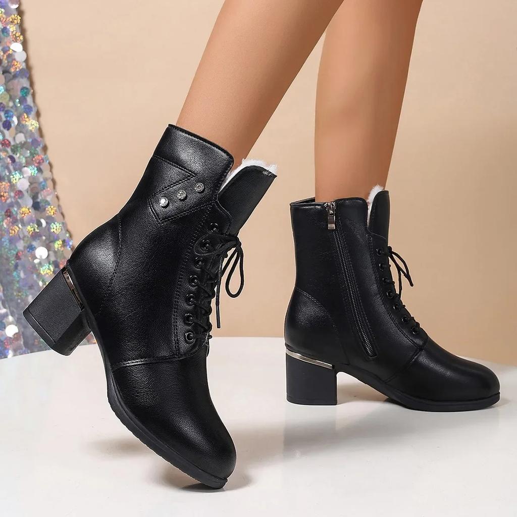 Fashion Winter 2024 Women's High Heels Long Plush Warm Ankle Boots Plus Size 42 Thick Square Heeled Motorcycle Boots Woman Shoes Short
