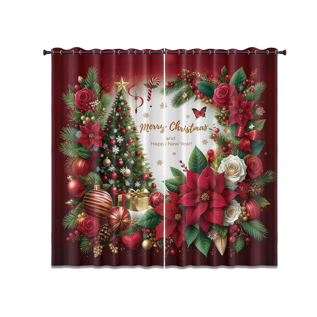 2pcs Christmas tree color ring print blackout curtain with insulation multi size living room holiday decoration machine washable