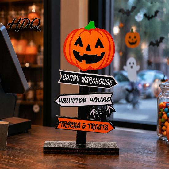 Halloween Atmosphere Props Wooden Sign Decoration DIY Ghost Pumpkin Bat Tabletop Ornament with Party Centerpieces Spooky Slogans Rustic for