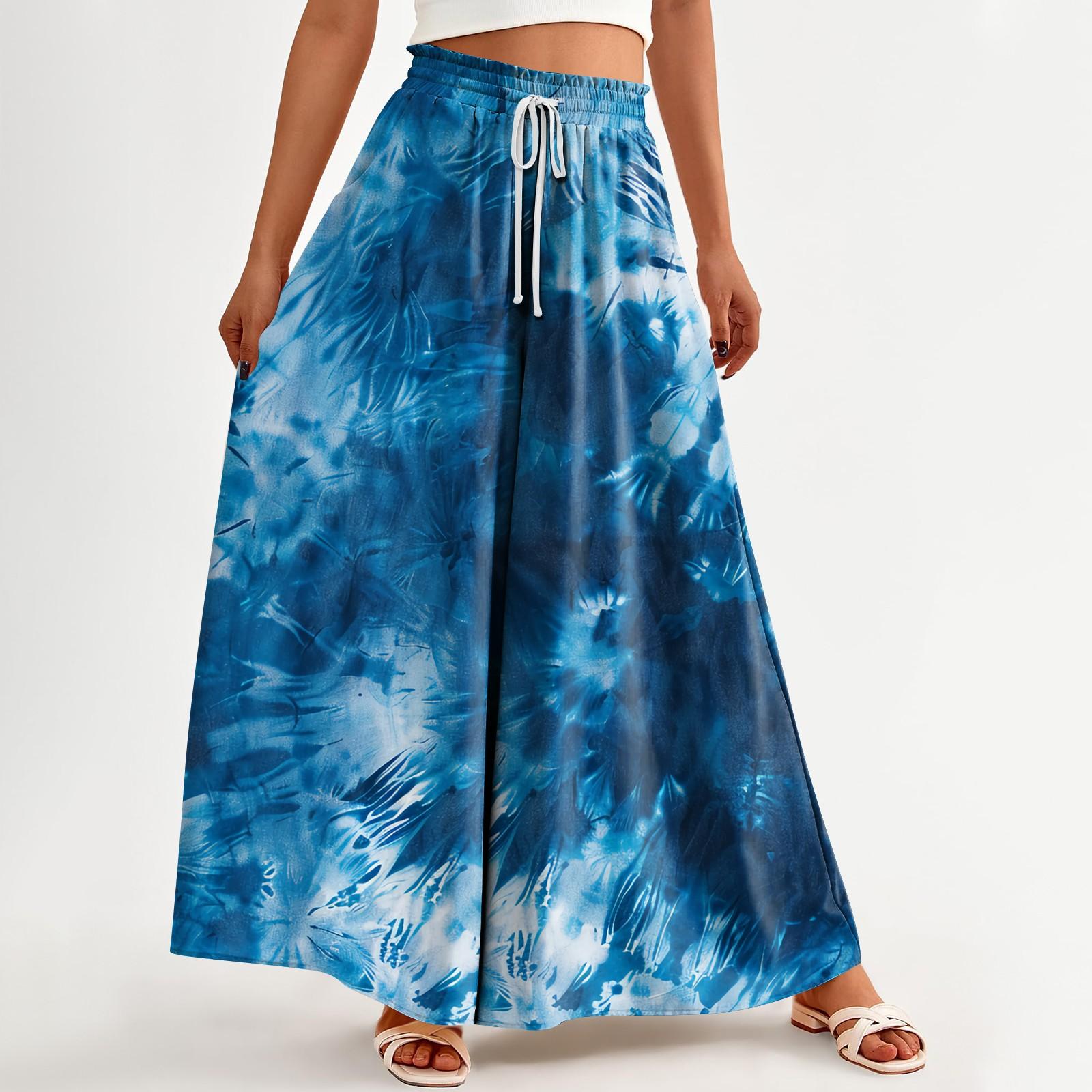 

Женские брюки с принтом и широкими штанинами, с карманами, с высокой талией, на кулиске, свободные, повседневные XL синий