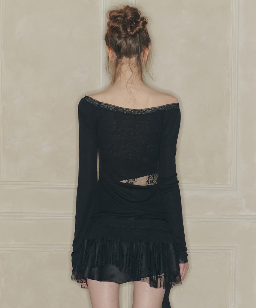 PAINORPLEASURE Lace Boatneck Top Black