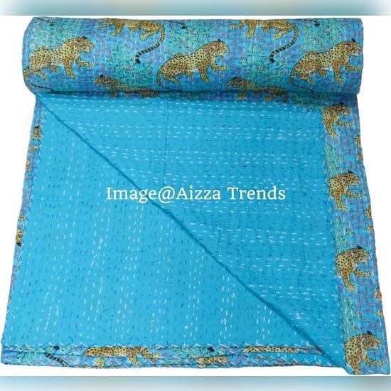 Aizza Trends Handmade Pure Cotton Tiger Print Kantha Quilt  - Traditional Look Bed Spread Kantha Gudri - Vintage Hand Stitch Gudri