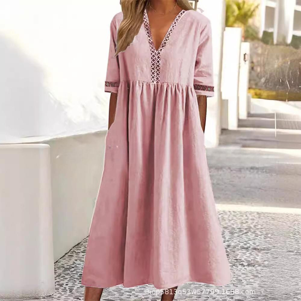 VEZFAA Women's Fashion Summer Spring Solid Color Print Short Sleeve V-Neck Loose Waistline Casual Dresses