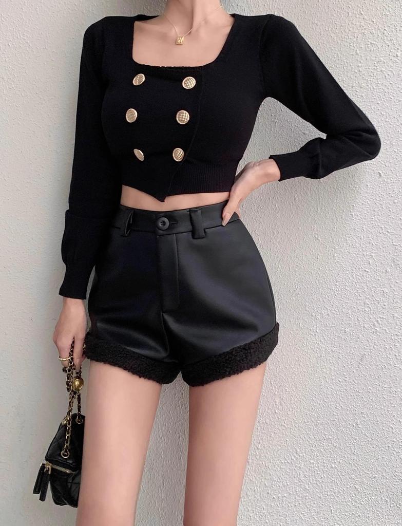 Women's Coffee Ruffled Winter Lamb Wool High-Waist Wide-Leg Retro Booty Shorts