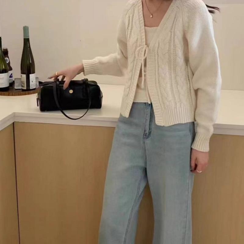 Knitted Cardigan Jacket New Soft Waxy Short Sweater Top Versatile Round Neck Lace-up Twist Shawl Two-piece Set Women