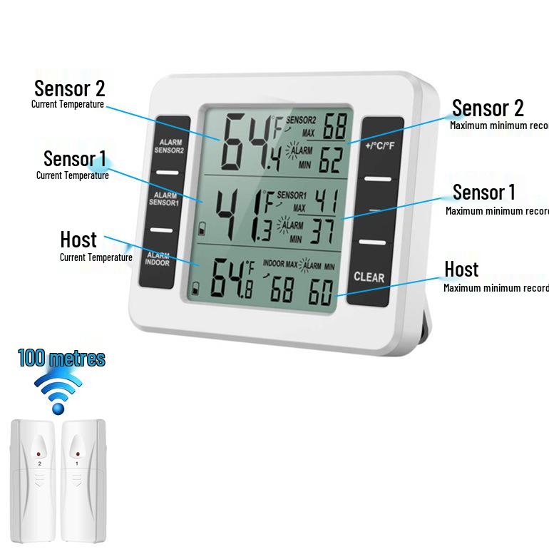 Wireless Dual-Sensor Indoor/Outdoor Alarm Thermometer for Fridge/Freezer