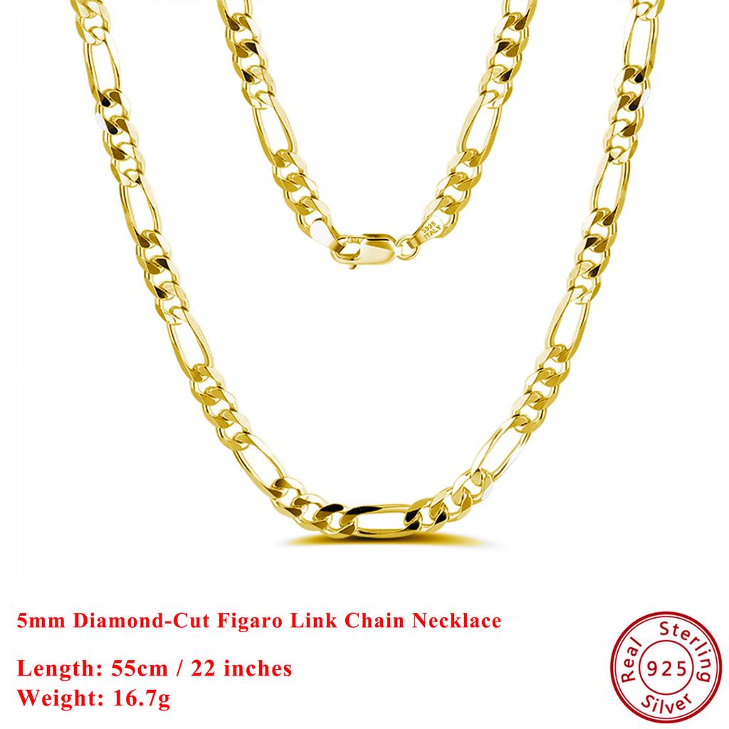Effie Queen Italy Real 925 Silver Diamond-Cut Figaro Chain Necklace 5mm Wide 40-60cm Long Woman Man Neck Chain Jewelry Gift SC34