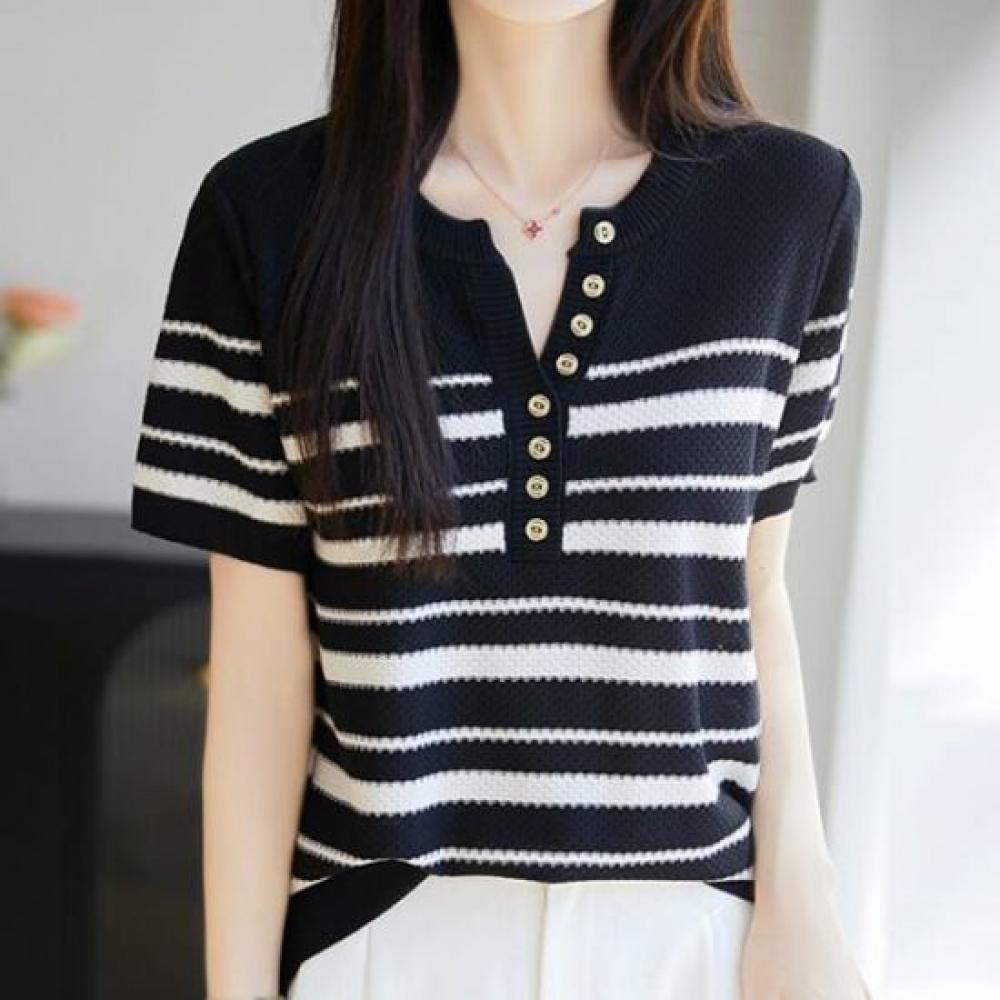 Navava Women STripe BuTTon PoinT ShorT Sleeve KniT T Nk2964