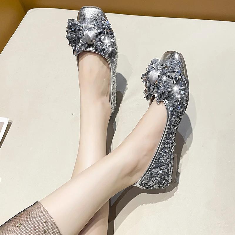 Women's Fashion Mary Jane Shoes Fall New Square Head Light Cut Sequin Butterfly-knot Soft Soled Flats