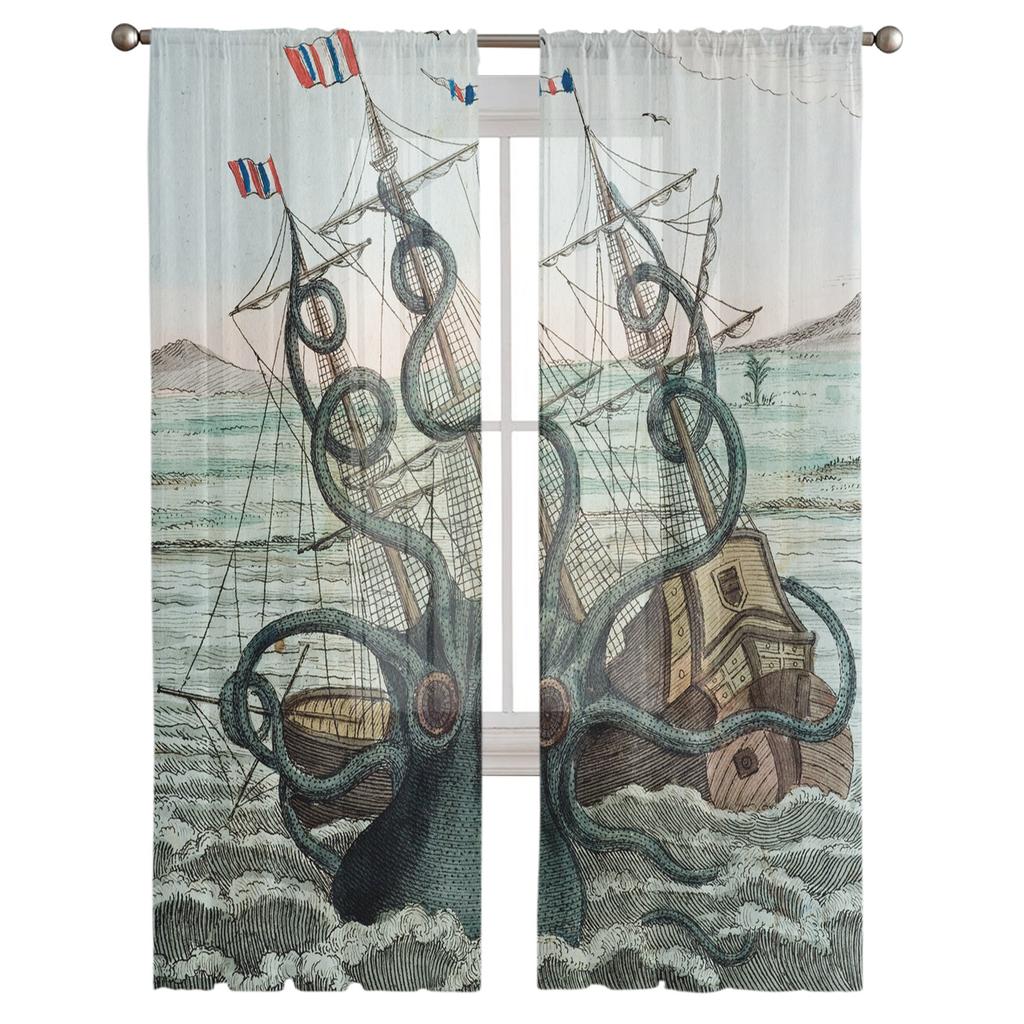 Sea Octopus Cthulhu Sheer Curtains for Living Room Modern Voile Curtain Bedroom Tulle Curtains Window Drapes Decor