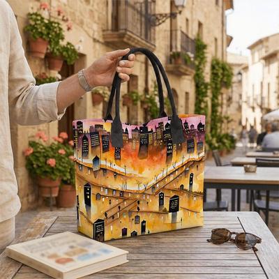  Watercolor Cityscape Tote Bag Large Capacity Fashion Casual Shoulder Bag for Daily Use