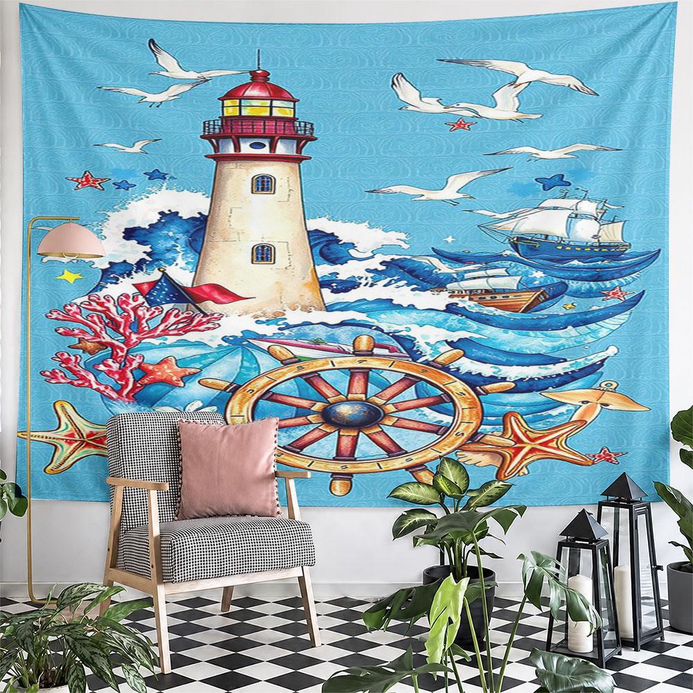 Lighthouse and Ocean Nautical Theme Design Pattern Wall Hanging Tapestry Decorative Tapestry Home Decor for Bedroom and Living Room