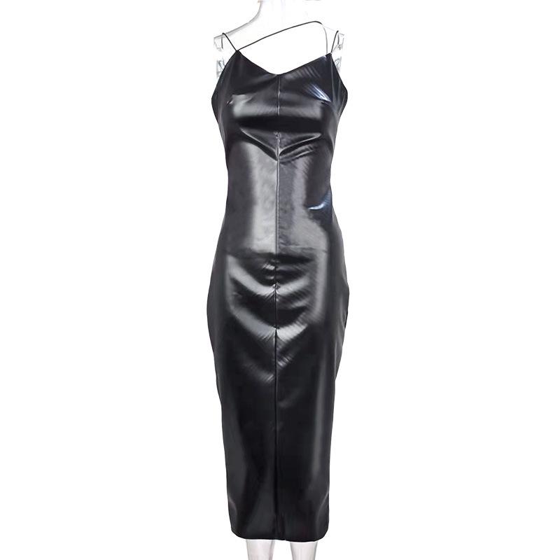 2024 European & American Style Sexy PU Dress with Suspenders, Waist-Slimming, Hip Slit - Nightclub Fashion for Women