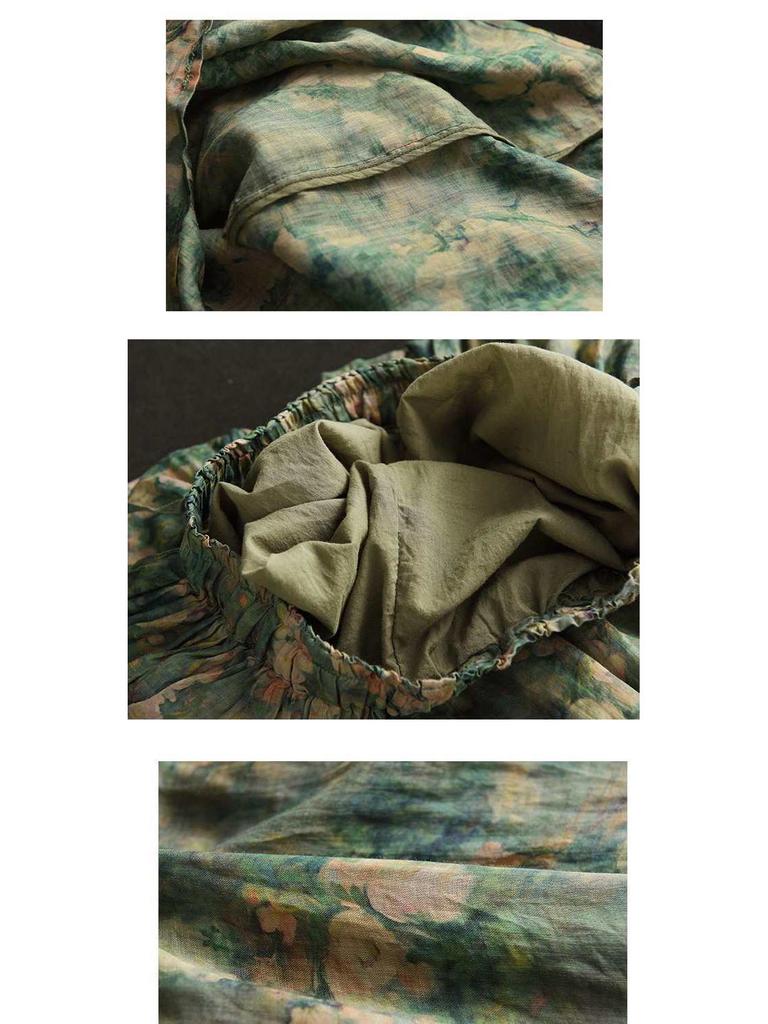 Summer 2023 Women's Vintage Floral Midi Skirt - Heavy Duty Cotton Linen, Flowy Design