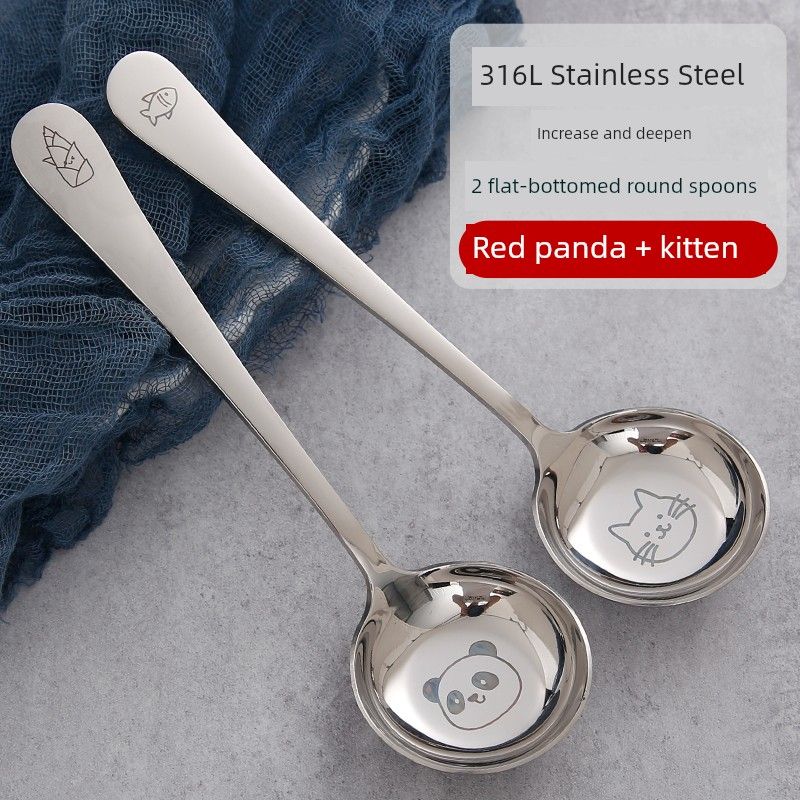 

316 Stainless Steel Spoon, Large Soup Spoon, Food-Grade Children s Dining Spoon, Long-Handled Spoon, Round Deep Soup Spoon, Tableware 2 Flat-Bottomed Round Spoons (Red Panda + Kitten)