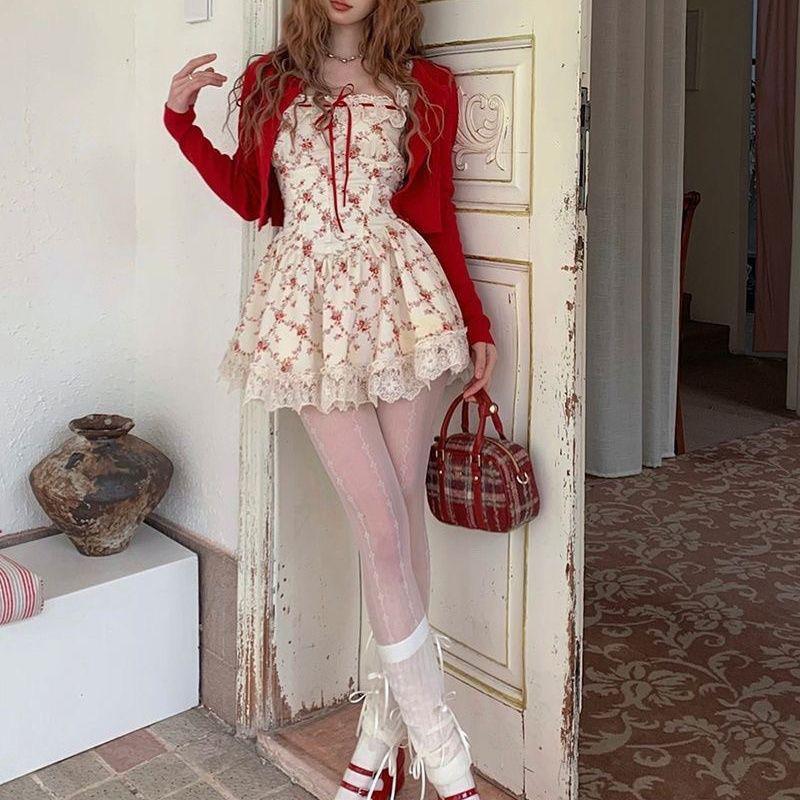Sweet Floral Dress Set Woman Casual Red Short Cardigan Elegant Lace Mini Dress Female Korean Prairie Chic Clothing Suit