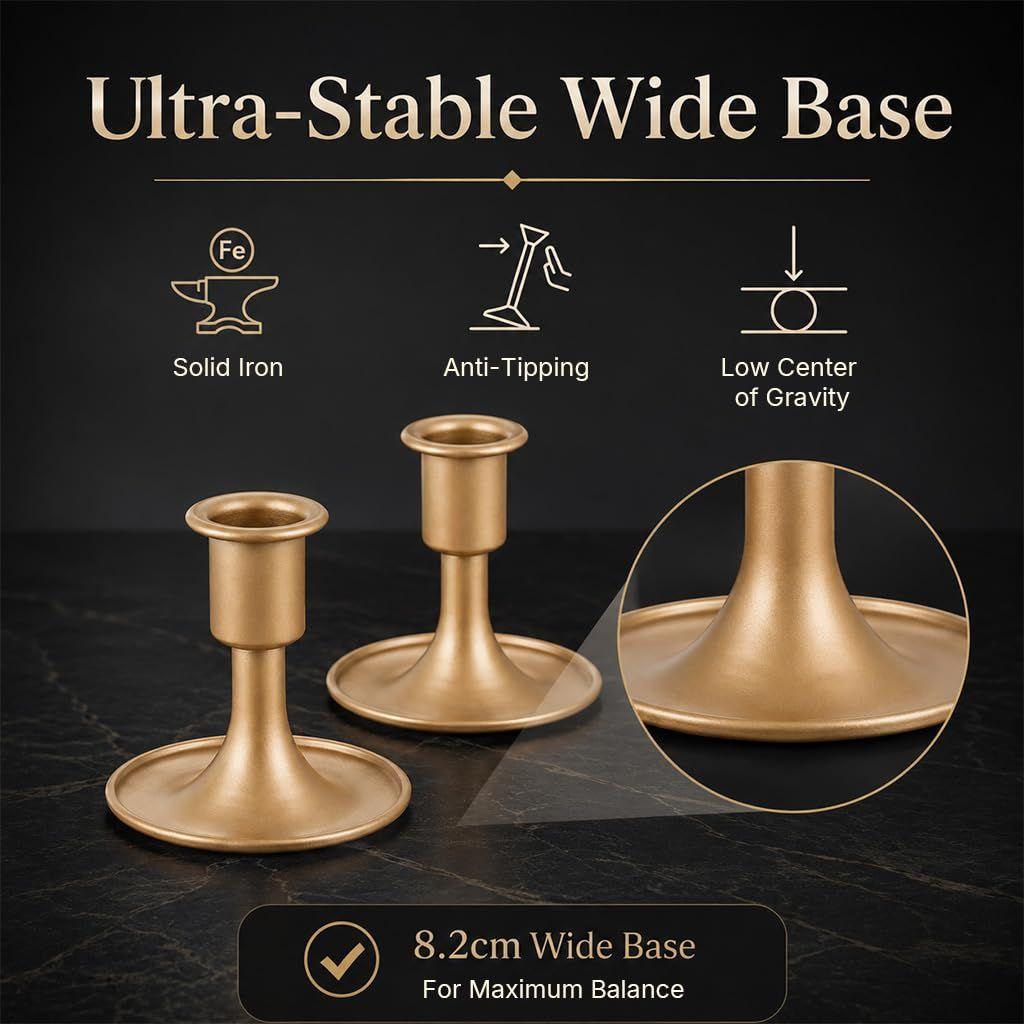 Taper Candleholder Stand Gold Metal Wide Base Mantel Display Holds Taper Candles, Wide Base Helps Reduce Tipping, Gold Metal, Table and Mantel Display