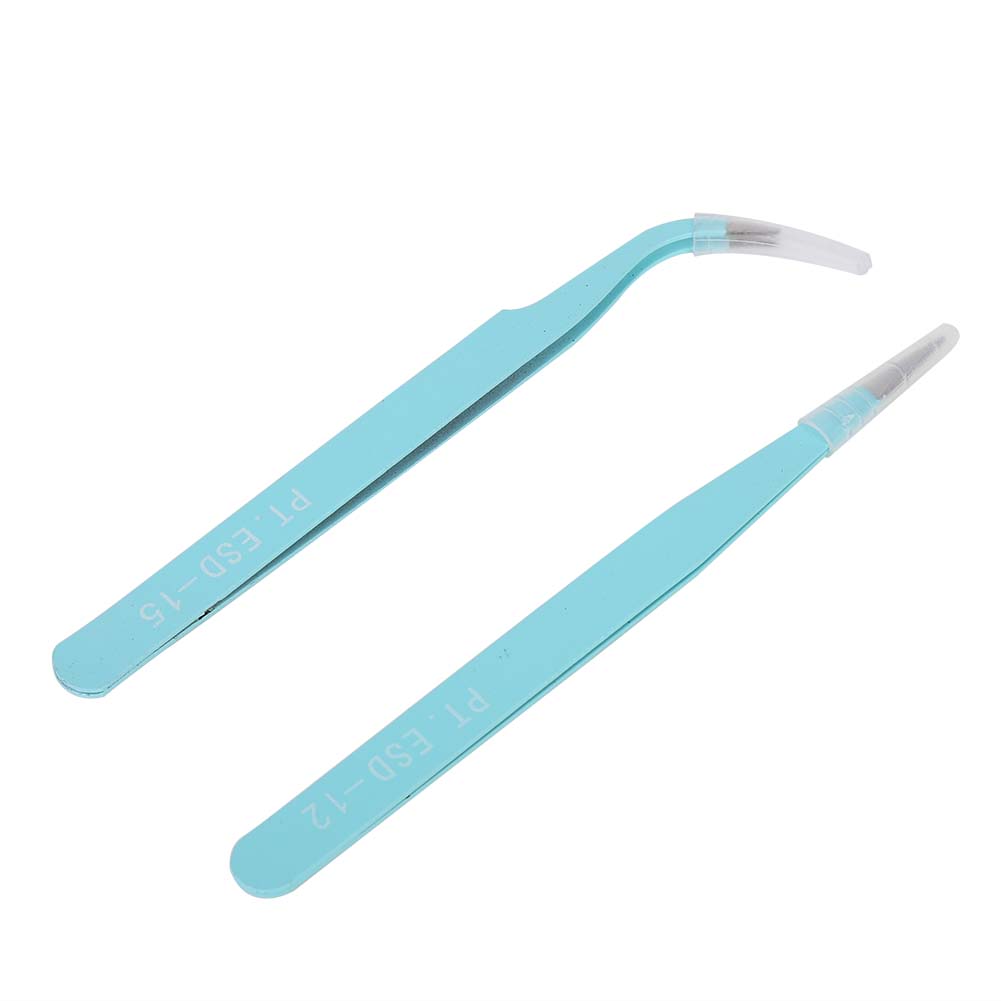 2Pcs Stainless Steel Nail Art Tweezers Anti static Straight Curved Head Manicure Tweezers Blue