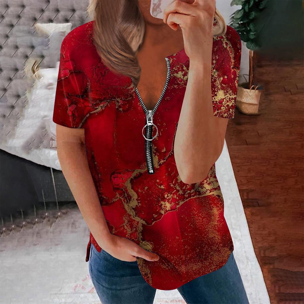 Trendy Summer Shirts Womens Fashion Casual Printed Casual T-Shirt Short Sleeve Zippered V-Neck Pullover Blouse Tops