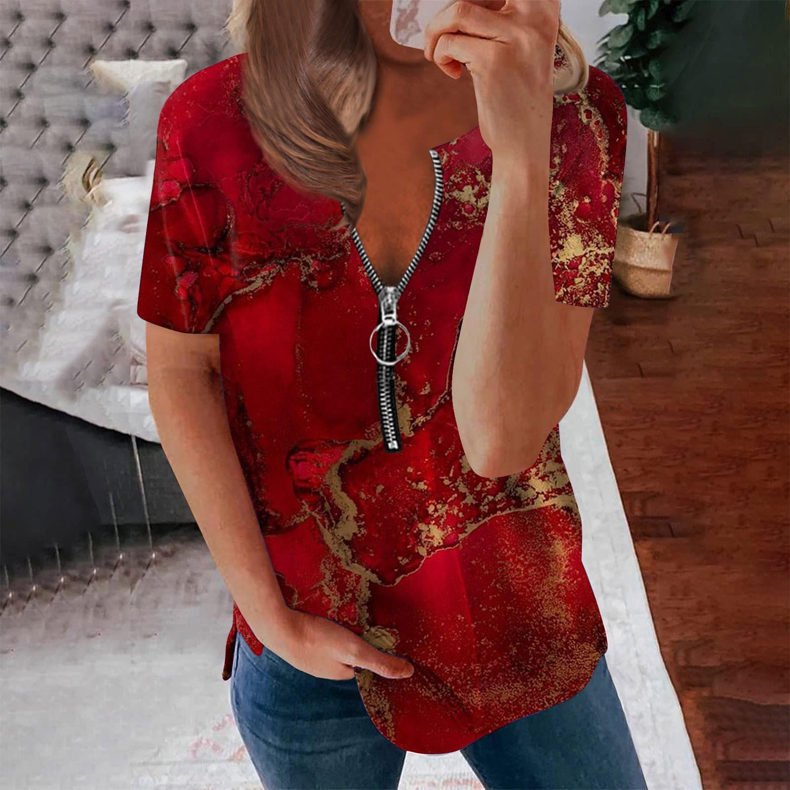 

Trendy Summer Shirts Womens Fashion Casual Printed Casual T-Shirt Short Sleeve Zippered V-Neck Pullover Blouse Tops L