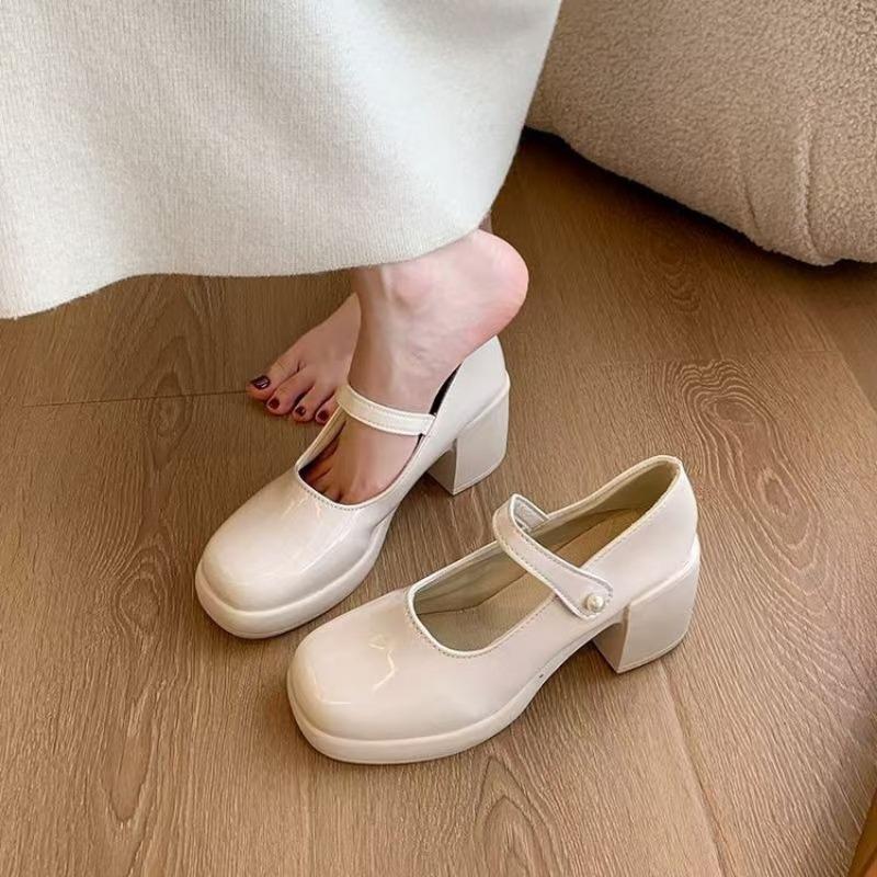 Pearl Buckle Thick Heel Mary Jane Shoes Summer New Light Mouth High Heel Women's Shoes Versatile Casual Women's Shoes