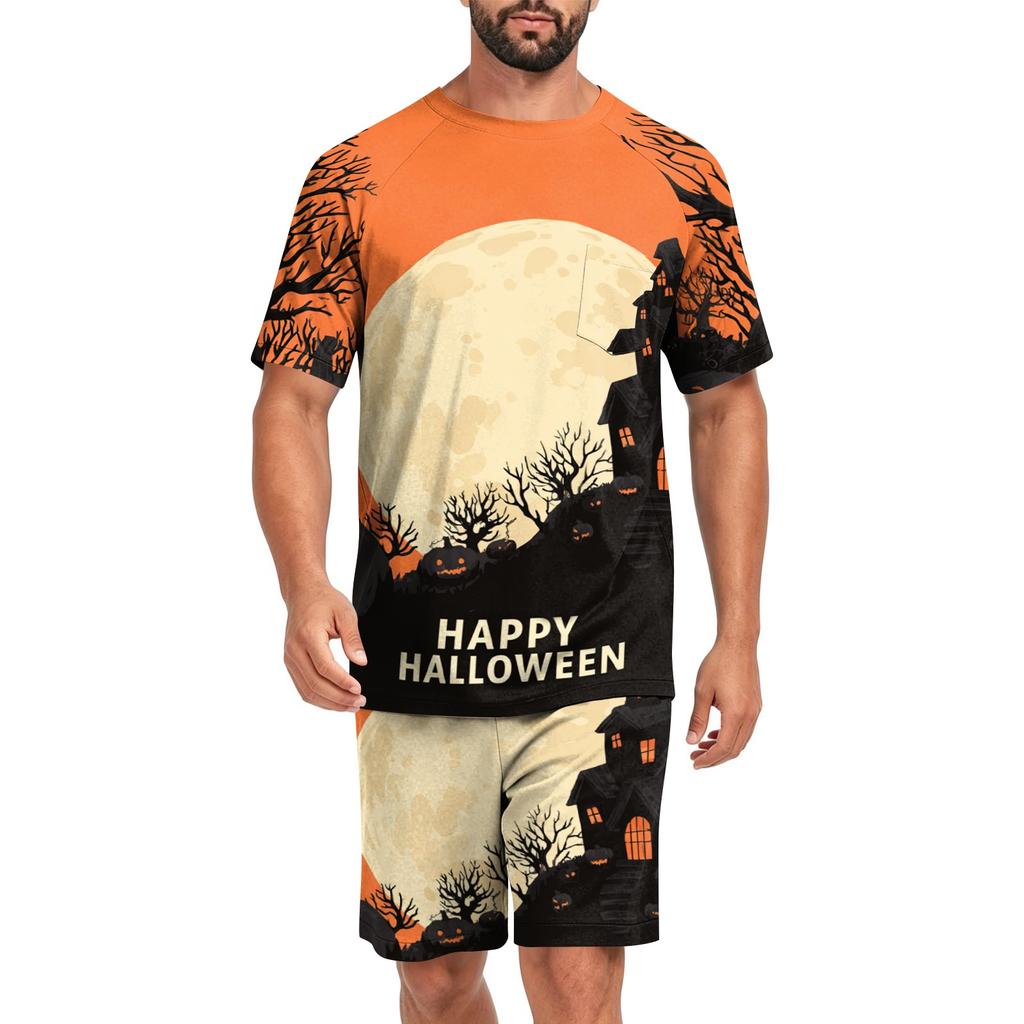 Men's Halloween Casual Pajama Set Short Sleeve Top and Shorts Comfortable Lightweight Sleepwear for Home Relaxation