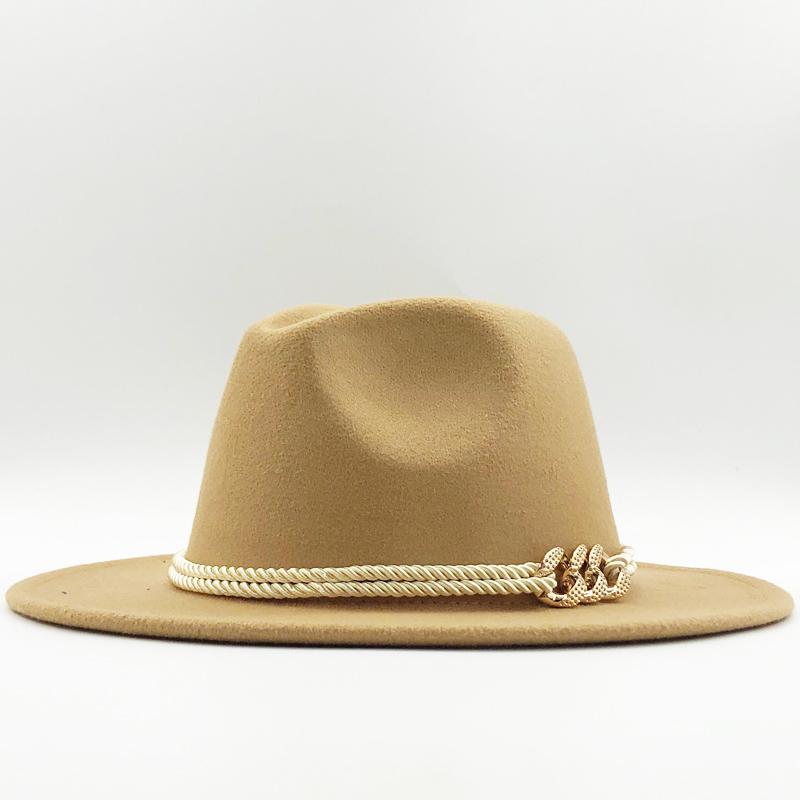 Black Wool Felt Jazz Fedora Hats Belt Buckle Decor Women Unisex Wide Brim Panama Trilby Cowboy Cap Sunhat