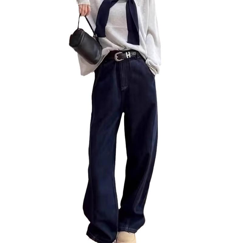 Dark Blue High-Waisted Wide-Leg Jeans for Women - Plus Size, Slimming Fit, Perfect for Autumn and Winter