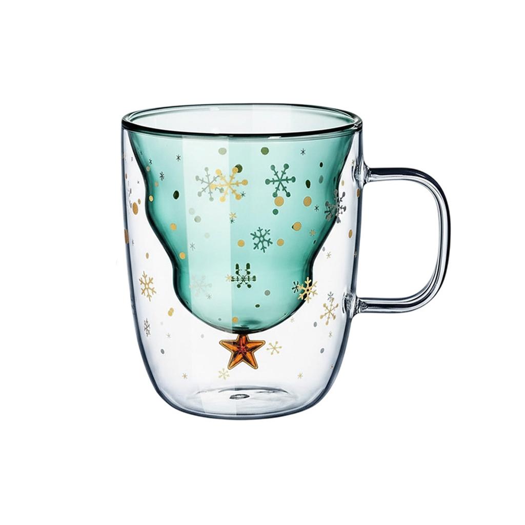 10oz Christmas Coffee Mugs, 1PCS Holiday Cups Double Wall Glass Tableware with Lid And Handle Tree Snowflake Design 300ML