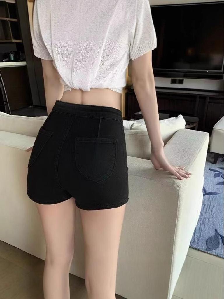 Spicy Girl 2025 Summer Women's High Waist Elastic Black Denim Shorts