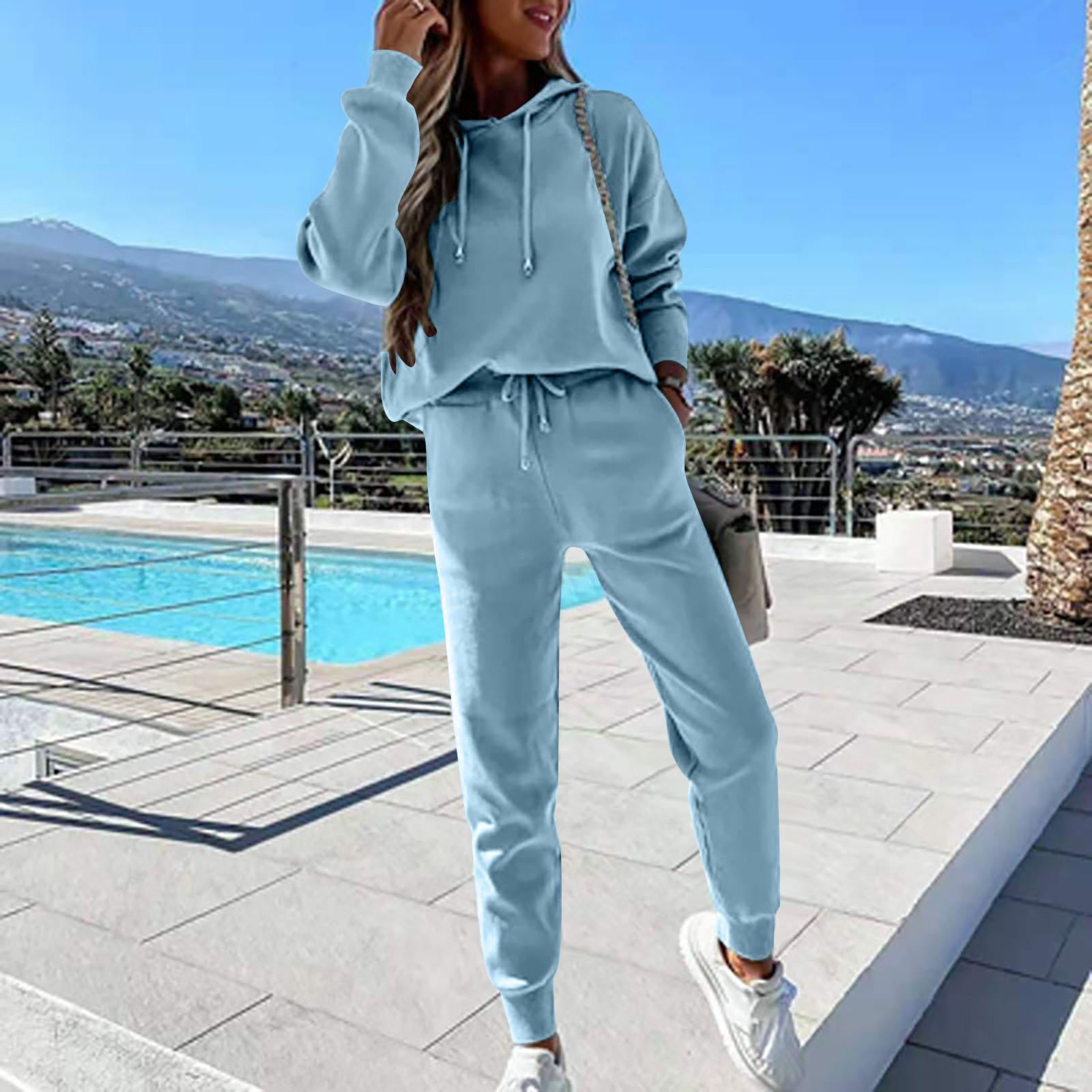 

Женские флисовые худи, комплект из двух предметов, 2021, зимние толстовки, комплекты брюк, женские повседневные спортивные костюмы XL светло-синий