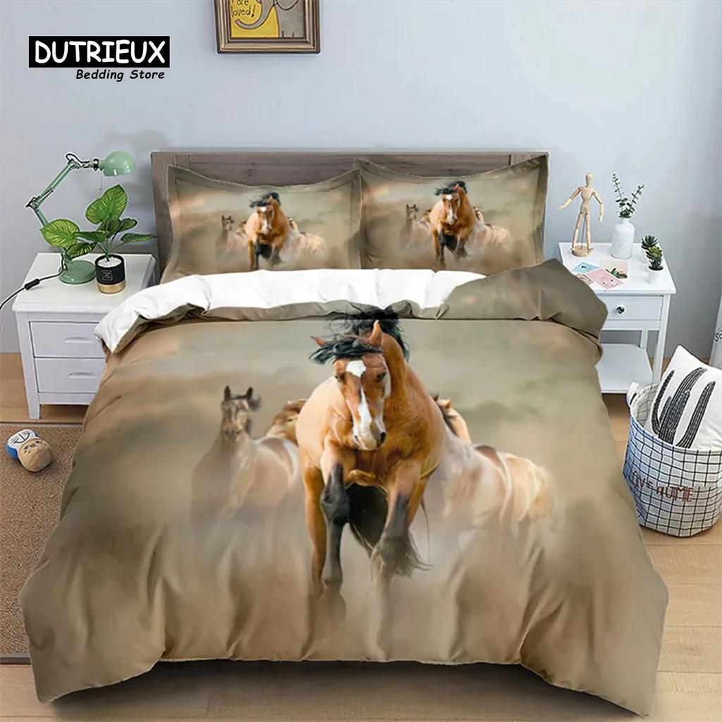 Horse Comforter Cover Set for Kids Toddler Farm Animal Pattern Bedding Set 3 Piece Farmhouse Cowboy Duvet Cover Set