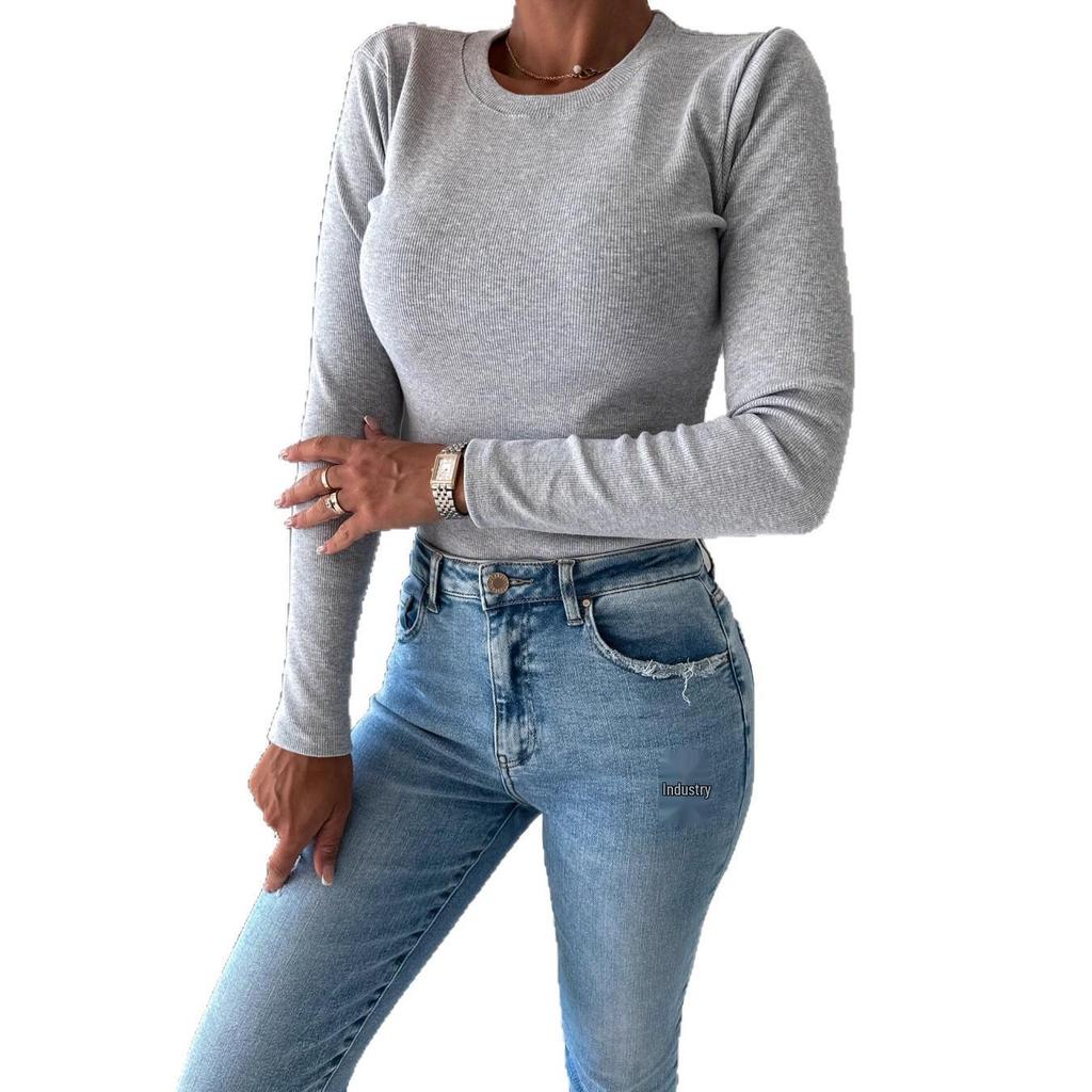 2023 Trendy Women's Knit Top: Autumn/Winter Solid Color, Round Neck, Long Sleeve